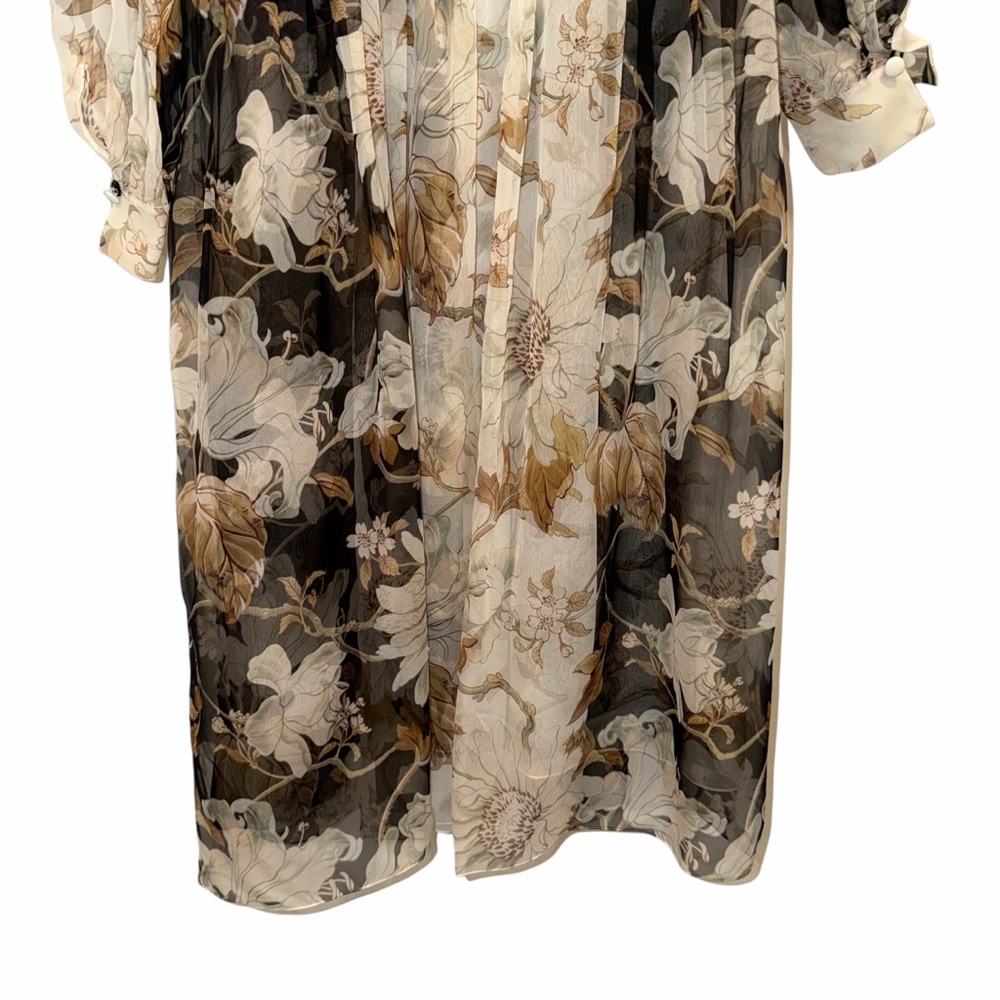 Oscar de la Renta Black Cream Midi Dress Silk Floral Tie Neck 6 Formal Wedding - Picture 12 of 15